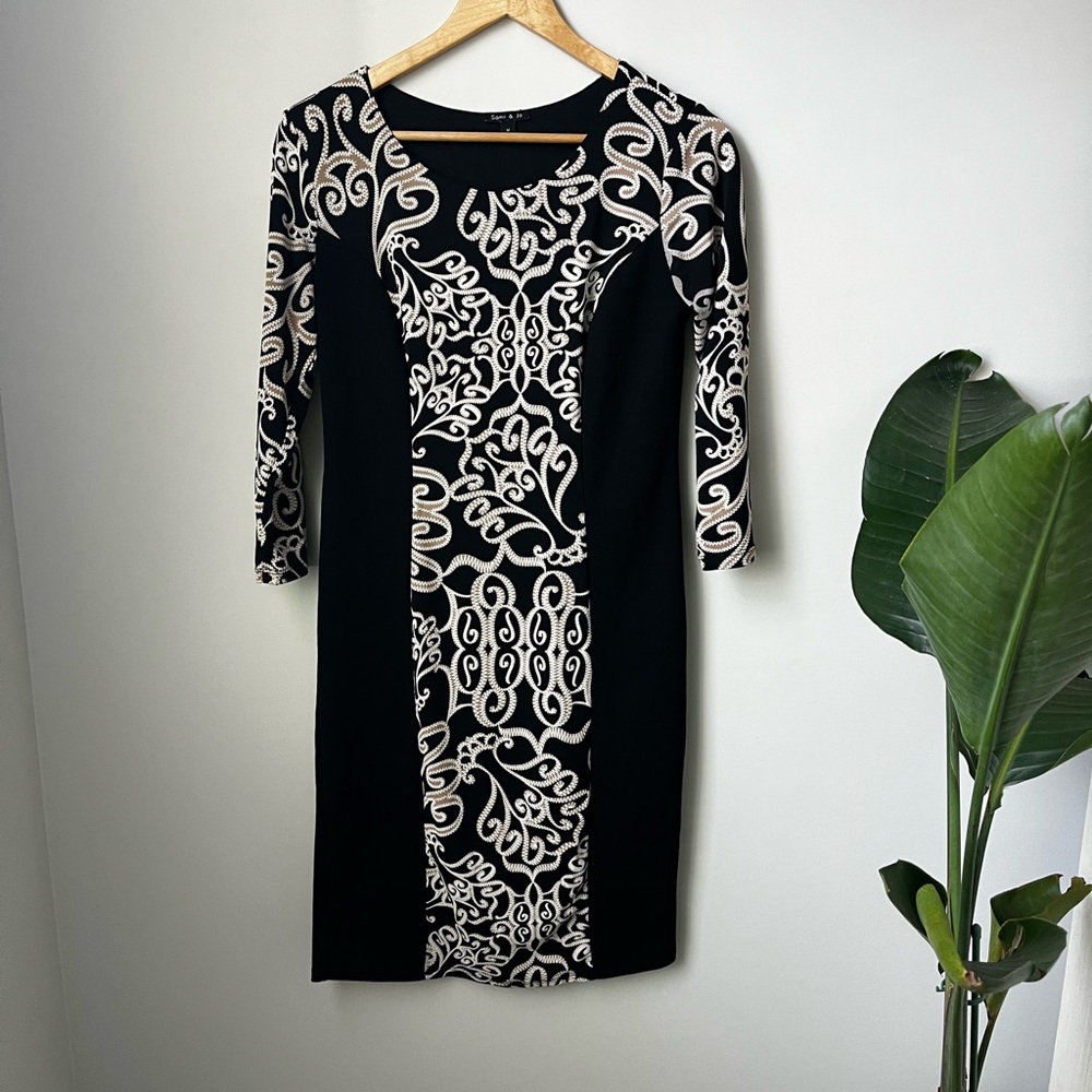 Sami & Jo Black and Cream Patterned Long Sleeve Sheath Dress